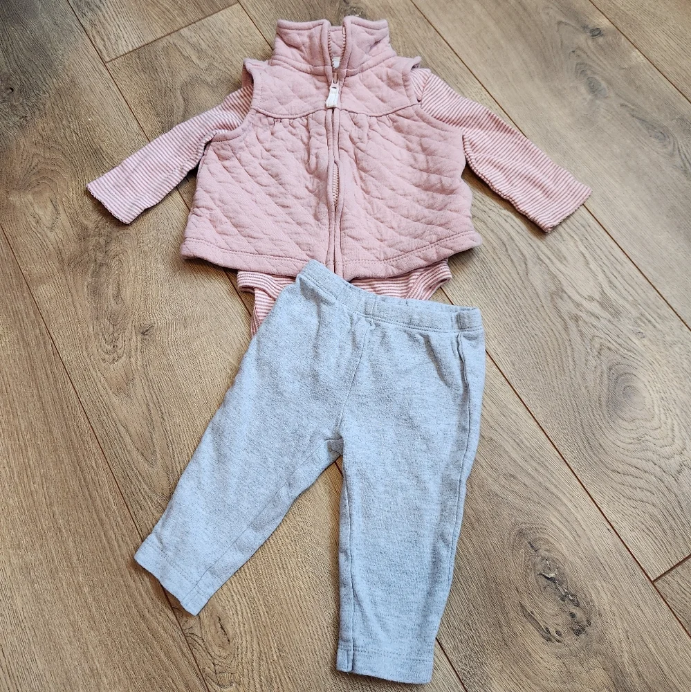 3m Pink Quilted Vest with Gray Pants Set